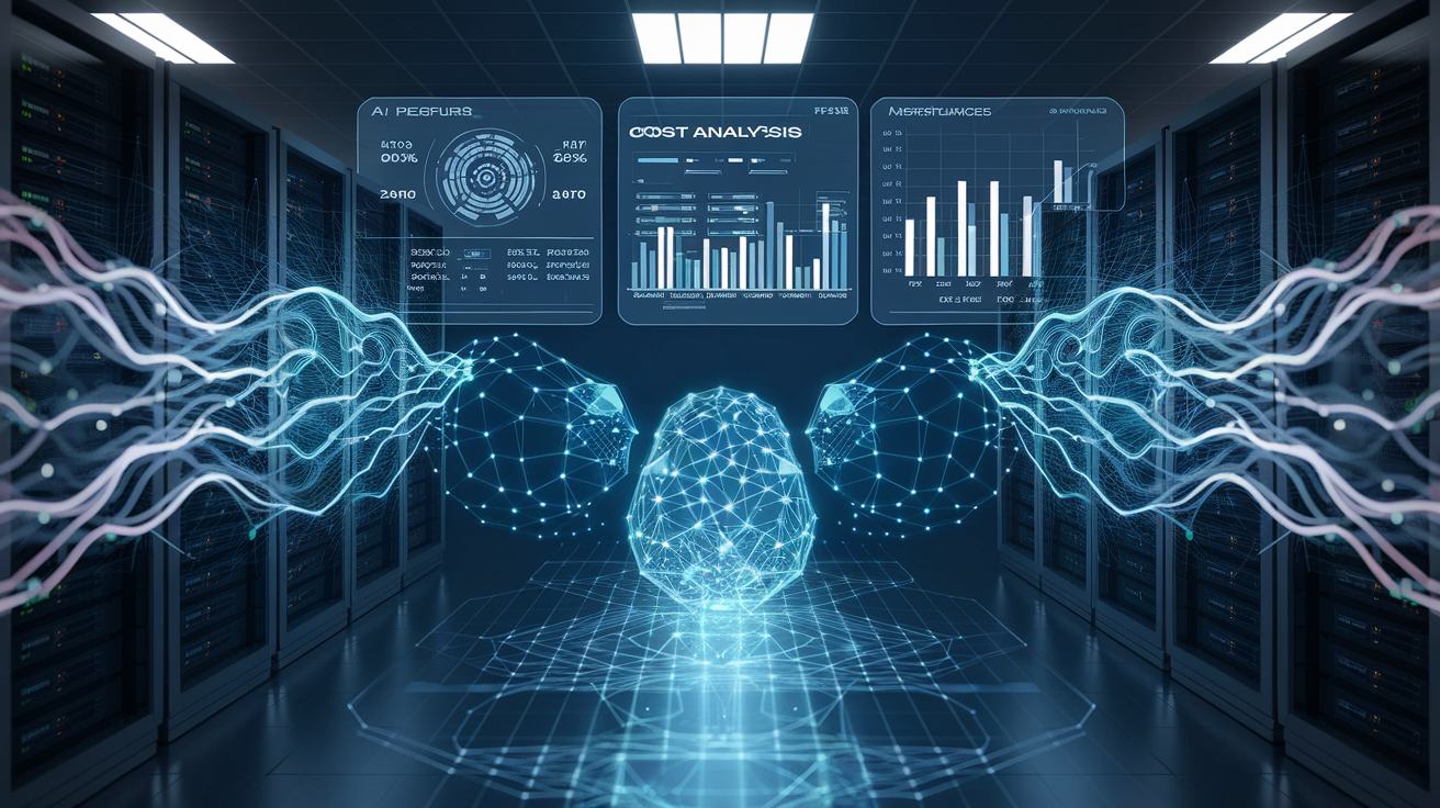 A futuristic AI-powered data center with glowing blue and cyan neural networks, symbolizing cost-effective AI processing. The scene features high-tech servers, interconnected AI models, and holographic cost analysis charts displaying AI infrastructure. A sleek, modern environment with cybernetic elements represents efficiency and innovation in AI technology. The background showcases an advanced AI system optimizing resources, conveying affordability and performance without excessive costs.